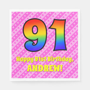 Servilleta De Papel Cumpleaños 91: Corazones y rayas rosas, arco iris