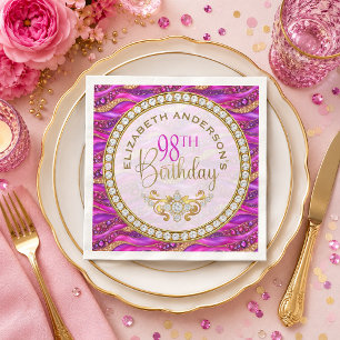 Servilleta De Papel Cumpleaños 98 Glam Rosa Dorado Con Joyas