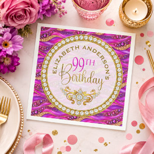 Servilleta De Papel Cumpleaños 99 Glam Rosa Dorado Con Joyas Strata