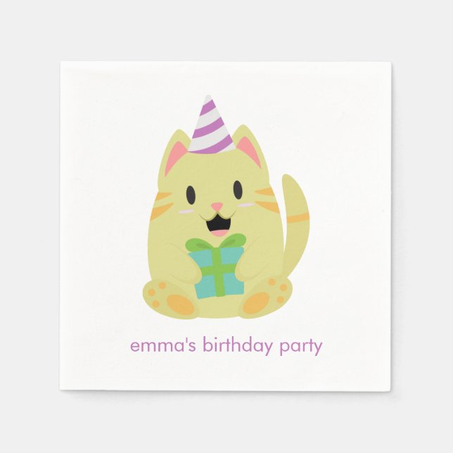 Servilleta De Papel Cumpleaños Adorable de Gato Amarillo (Anverso)