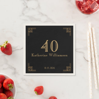 Servilleta De Papel Cumpleaños Art Deco Negro Oro Rugiente 20's