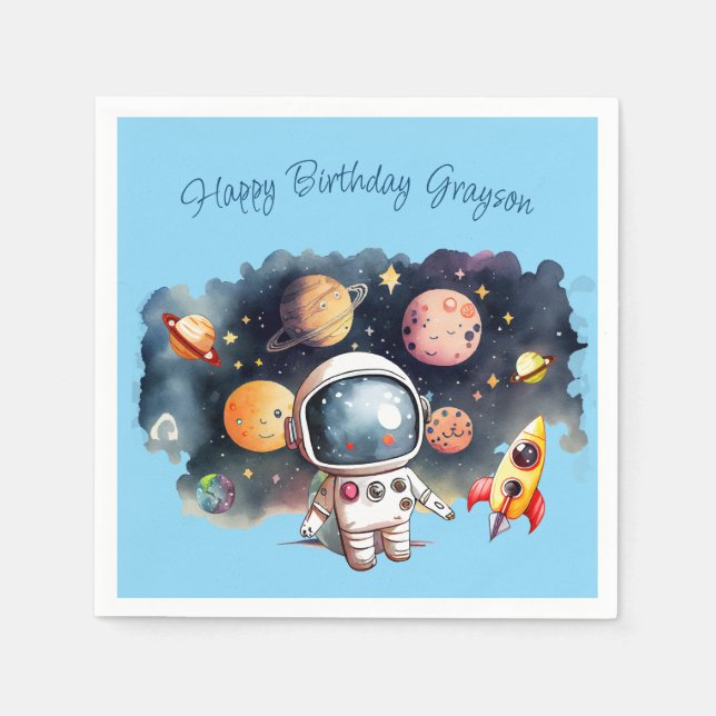 Servilleta De Papel Cumpleaños Azul Planetas Espacio Exterior (Anverso)
