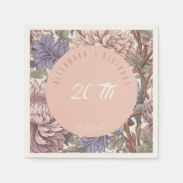 Servilleta De Papel Cumpleaños azul rosa floral retro pastel de moda (Anverso)