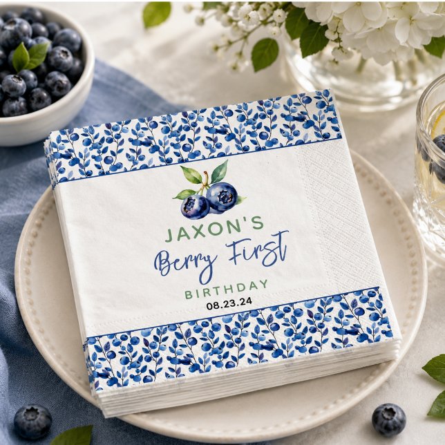 Servilleta De Papel Cumpleaños Berry First Blueberry 1st (Berry First Blueberry 1st Birthday Party Napkins)