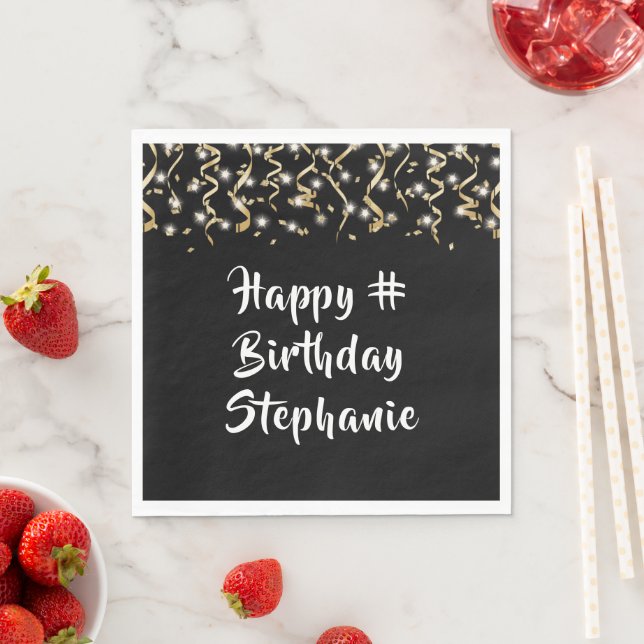 Servilleta De Papel Cumpleaños Black Gold Confetti Streamers Personali (In situ)