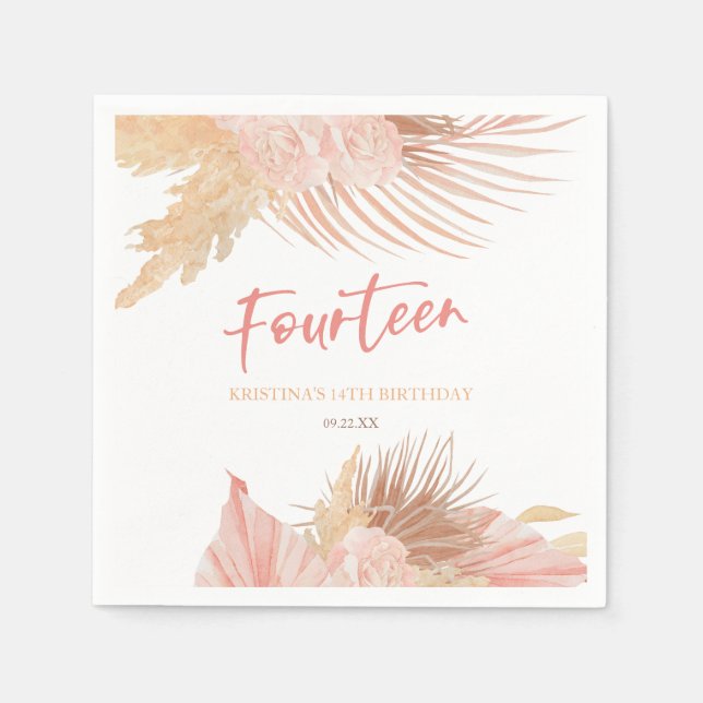 Servilleta De Papel Cumpleaños boho floral rosa número catorce (Anverso)