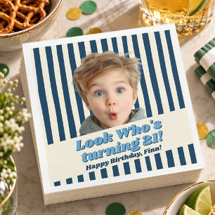 Servilleta De Papel Cumpleaños Chic con Foto Retro Azul Marítimo