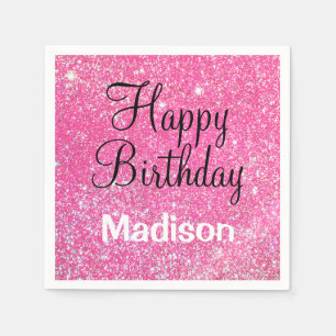 Servilleta De Papel Cumpleaños Chic Glam Feliz Brillante Rosa Glitter