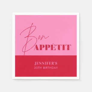 Servilleta De Papel Cumpleaños Chic Rosa Rojo Bon Appétit Script