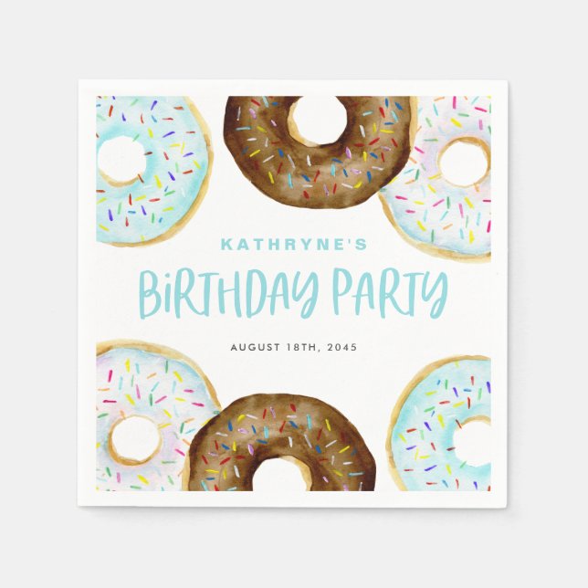 Servilleta De Papel Cumpleaños con Donas de Azúcar Azul y Chocolate (Anverso)