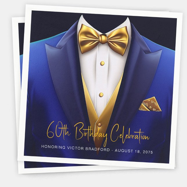Servilleta De Papel Cumpleaños con Esmoquin Azul Royal y Dorado para H (Mens royal blue gold birthday party napkins and any occasion or event. Simply add your details.)