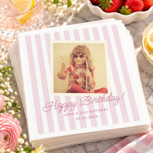 Servilleta De Papel Cumpleaños con Foto Personalizada de Raya Rosa Ret