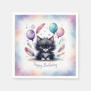 Servilleta De Papel Cumpleaños con globos de gatito negro en acuarela 