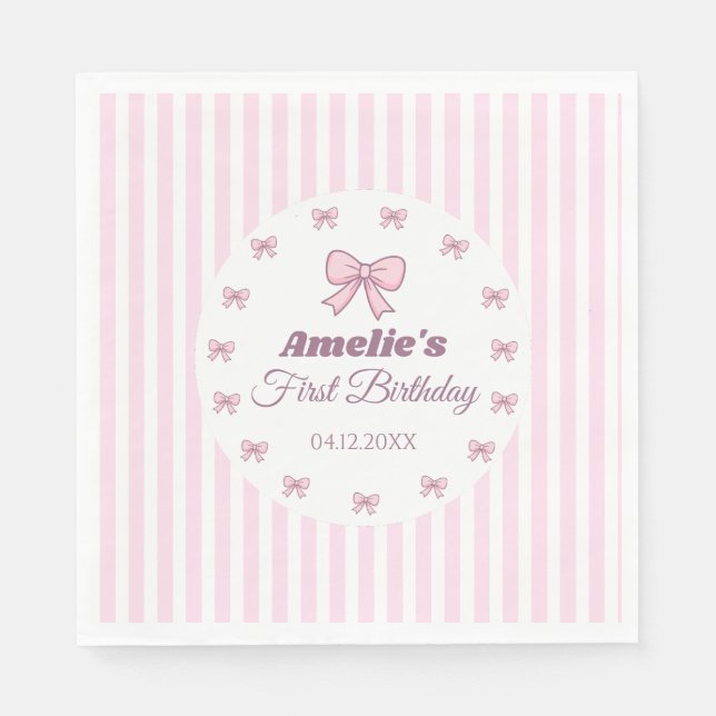 Servilleta De Papel Cumpleaños con Lazo Rosa Lindo Primer Cumpleaños (Anverso)