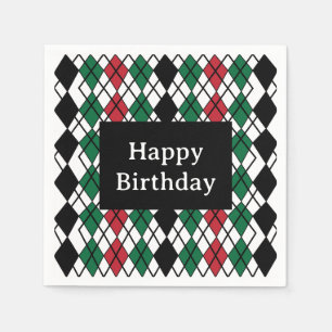 Servilleta De Papel Cumpleaños con Patrón de Argyle Negro Verde Rojo