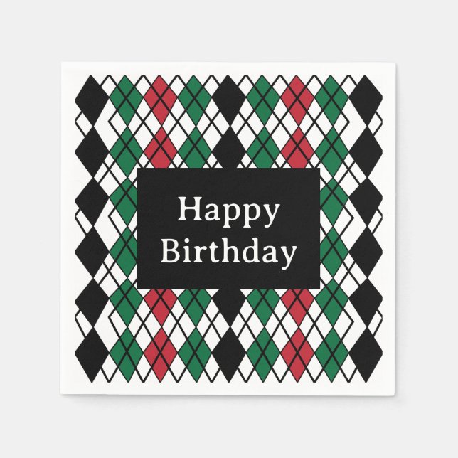 Servilleta De Papel Cumpleaños con Patrón de Argyle Negro Verde Rojo (Anverso)