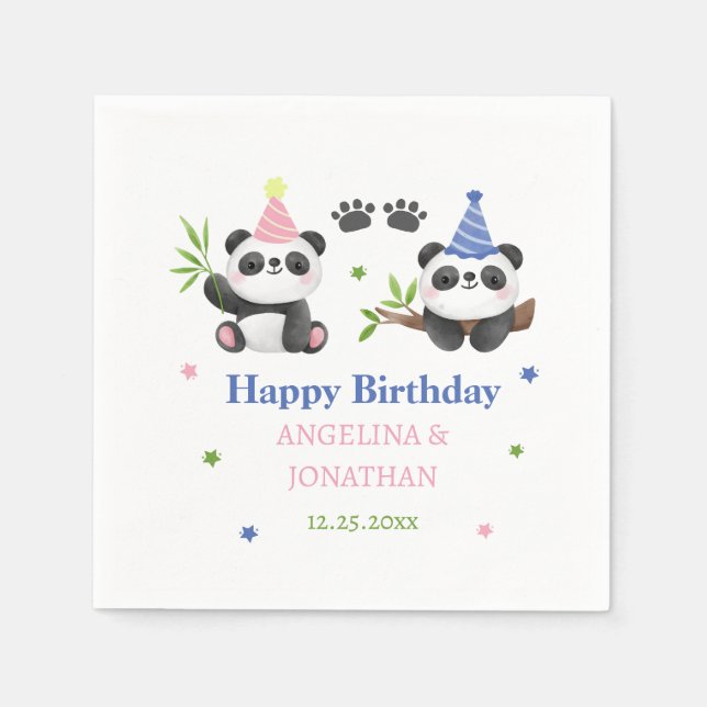 Servilleta De Papel Cumpleaños conjunto de niño y niña Panda  (Anverso)