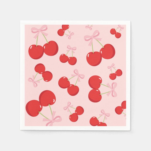 Servilleta De Papel Cumpleaños Coquette de Cerezas con Lazo Rosa (Anverso)