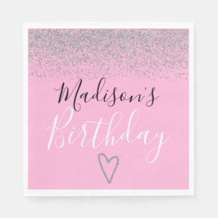 Servilleta De Papel Cumpleaños Corazón Brillo Rosa Plateado Femenino