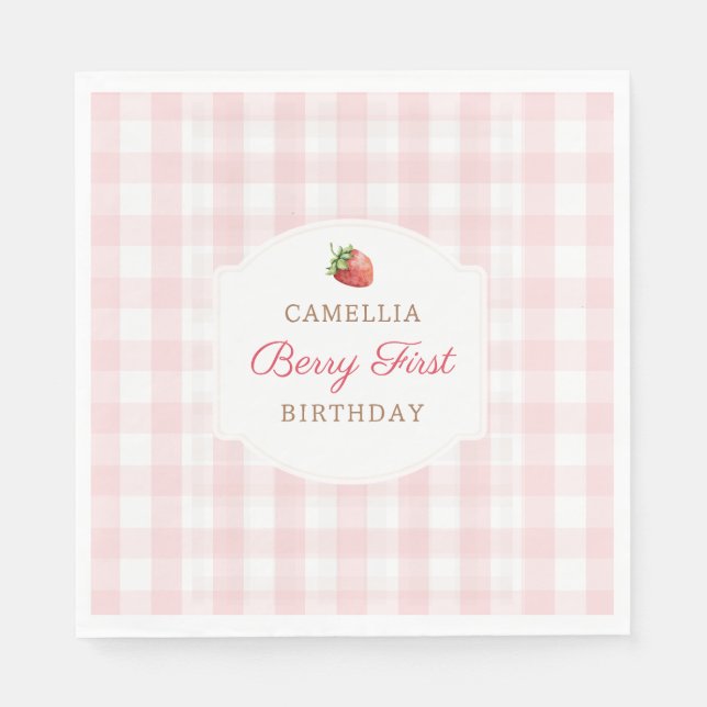 Servilleta De Papel Cumpleaños de Berry First con tela de cuadros rosa (Anverso)