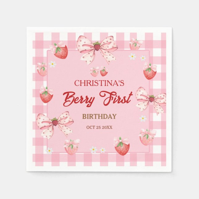 Servilleta De Papel Cumpleaños de Berry primero rosa fresa gingham niñ (Anverso)