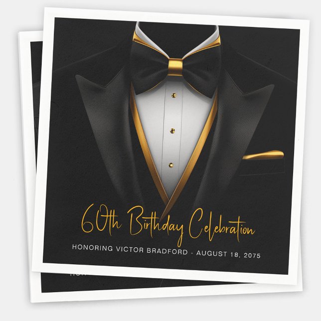 Servilleta De Papel Cumpleaños de Black Gold para hombres (Mens black and gold tuxedo paper napkins for birthdays, corporate parties, retirements, etc. )