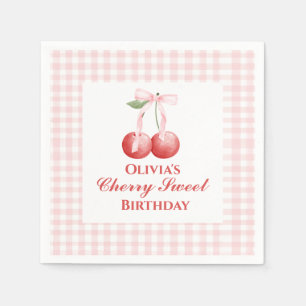 Servilleta De Papel Cumpleaños de Cherry Sweet con lazo rosa y gingham
