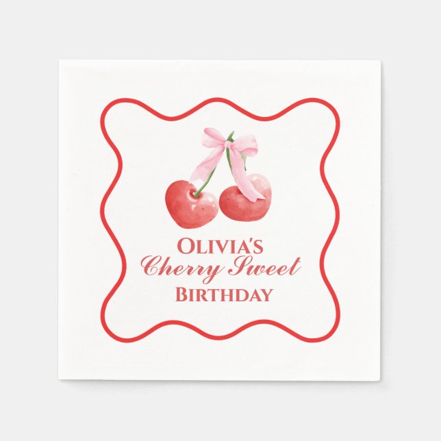 Servilleta De Papel Cumpleaños de Cherry Sweet con lazo rosa y gingham (Anverso)