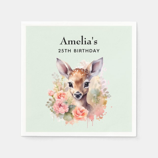 Servilleta De Papel Cumpleaños de ciervo lindo rodeado de rosas (Anverso)