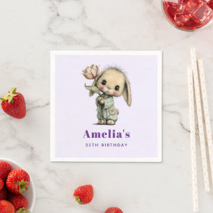Servilleta De Papel Cumpleaños de conejito lindo sosteniendo un tulipá