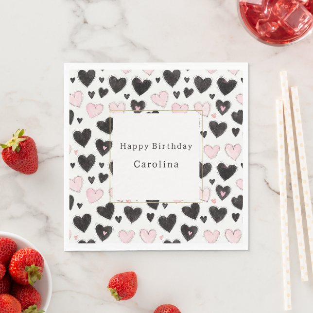 Servilleta De Papel Cumpleaños de Corazones Negros Rosados (In situ)