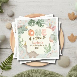 Servilleta De Papel Cumpleaños de Cute Pastel Verde Dinosaurio Uno A S