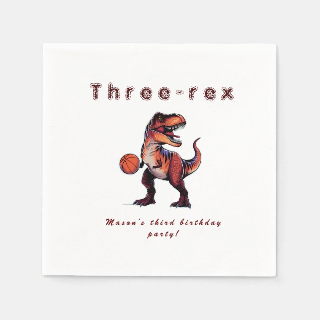 Servilleta De Papel Cumpleaños de Dino baloncesto Tres-Rex   (Anverso)