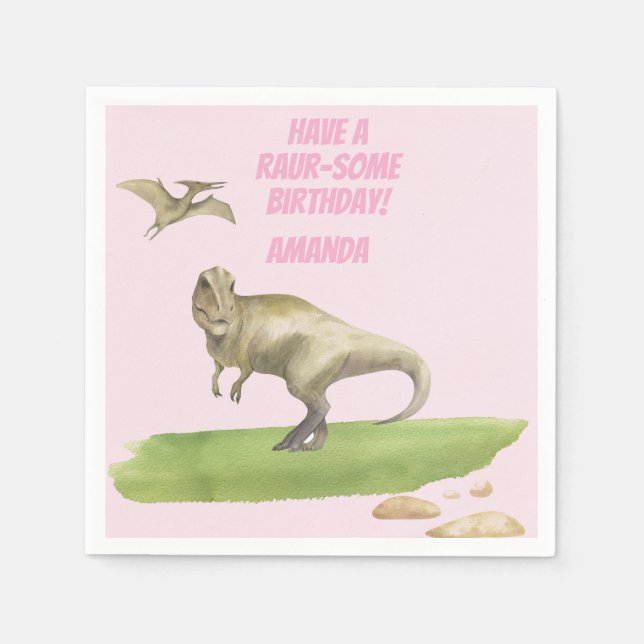 Servilleta De Papel Cumpleaños de dinosaurio para niñas  (Anverso)