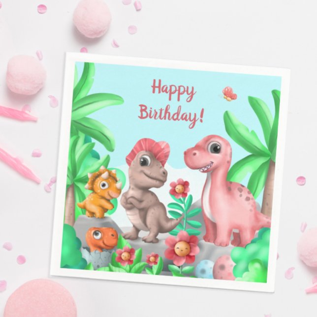 Servilleta De Papel Cumpleaños de dinosaurio para niñas (Child''s Dinosaur Birthday Party Napkins)
