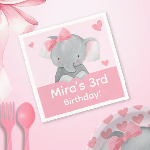 Servilleta De Papel Cumpleaños de elefante femenino lindo con lazo ros