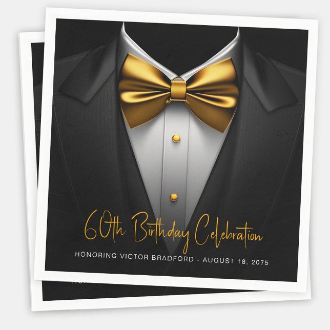 Servilleta De Papel Cumpleaños de esmoquin negro y dorado para hombre (Mens black and gold tuxedo birthday party and event napkins. Add your text, logo, photo, etc.)
