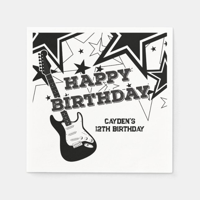 Servilleta De Papel Cumpleaños de estrella de rock guitarra negra blan (Anverso)