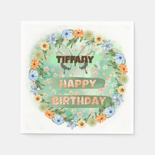 Servilleta De Papel Cumpleaños de Flores y Mariposas (Anverso)