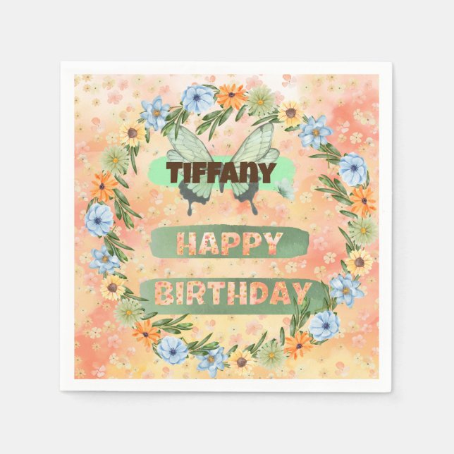 Servilleta De Papel Cumpleaños de Flores y Mariposas (Anverso)