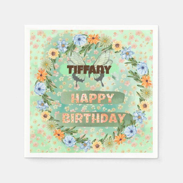 Servilleta De Papel Cumpleaños de Flores y Mariposas (Anverso)