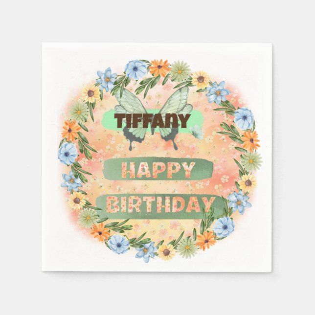 Servilleta De Papel Cumpleaños de Flores y Mariposas (Anverso)
