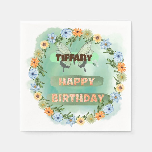 Servilleta De Papel Cumpleaños de Flores y Mariposas (Anverso)
