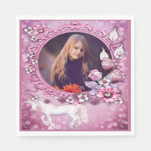 Servilleta De Papel Cumpleaños de foto de unicornio floral rosa