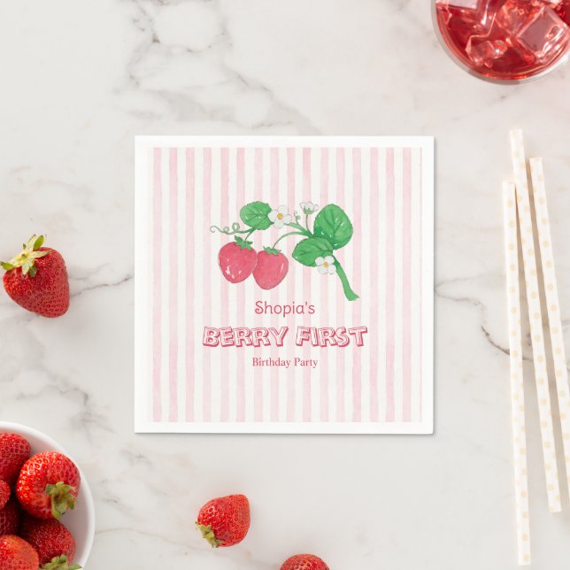 Servilleta De Papel Cumpleaños de Fresa con Rayas Rosadas de la Primer (In situ)