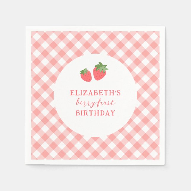 Servilleta De Papel Cumpleaños de Fresa de Cuadros Rosa Berry First (Anverso)