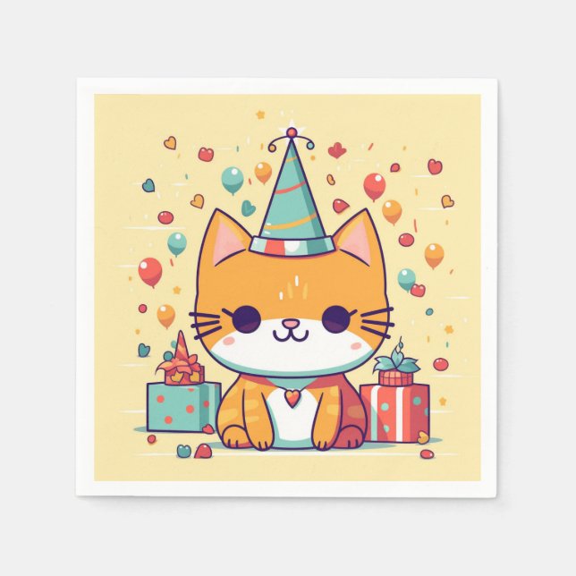 Servilleta De Papel Cumpleaños de gato de fiesta lindo,  (Anverso)