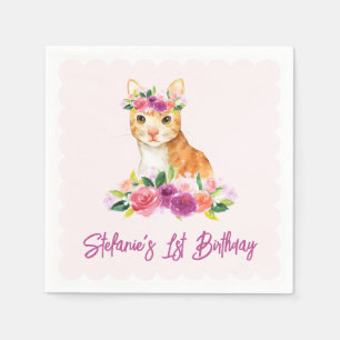 Servilleta De Papel Cumpleaños de gato naranja lindo y flores moradas