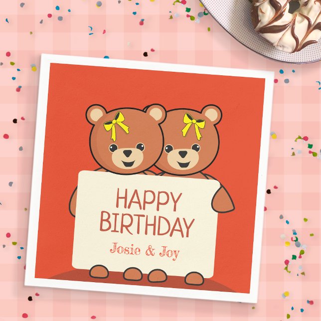 Servilleta De Papel Cumpleaños de gemelos o hermanos con ositos de pel (Teddy Bear Twins Birthday Party Napkin)