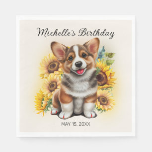 Servilleta De Papel Cumpleaños de girasoles de perro Corgi lindo